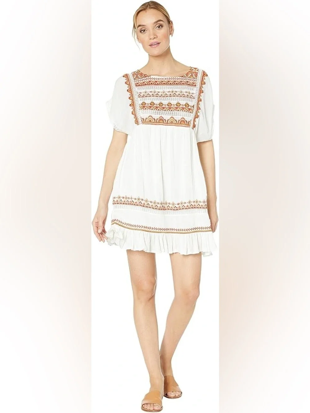 Free People Sunrise Wanderer Mini Dress Large Multi Embroidery Ruffle Crinkle